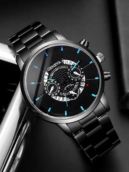 Geneva Watch Men Casual Sport Watches Black Steel Mesh Band Calendar Quartz Wristwatches Men Reloj Hombre Relogio Masculino